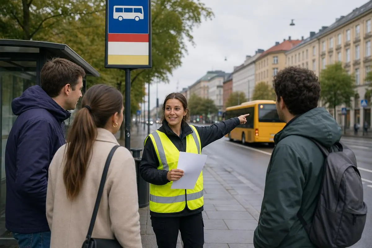 Kvinnlig trafikvärd i gul varselväst guidar resenärer vid tillfälligt avstängd busshållplats