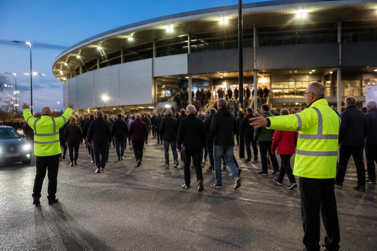 Trafikvakter i gula varselvästar styr folkflöde och trafik utanför en arena i kvällsljus