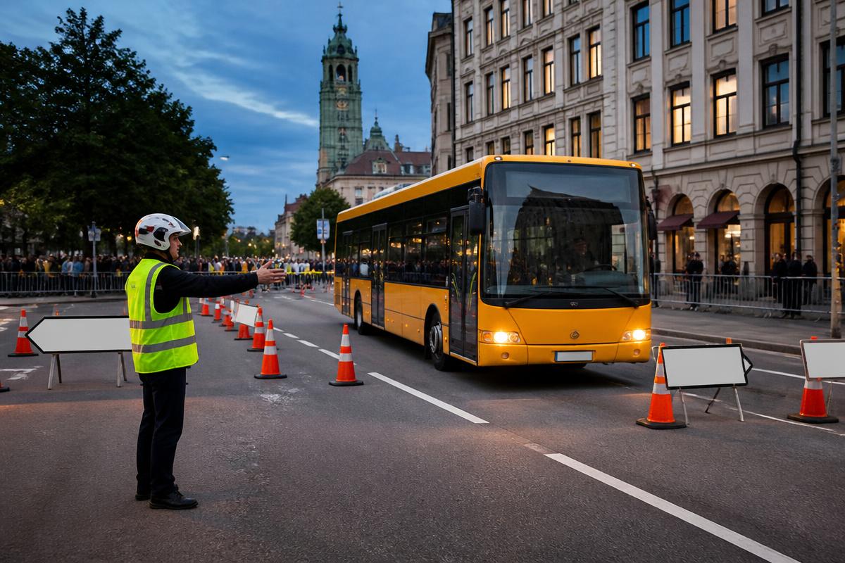 Vägvakt ger tecken till bussförare som svänger in på en alternativ rutt vid ett stort evenemang