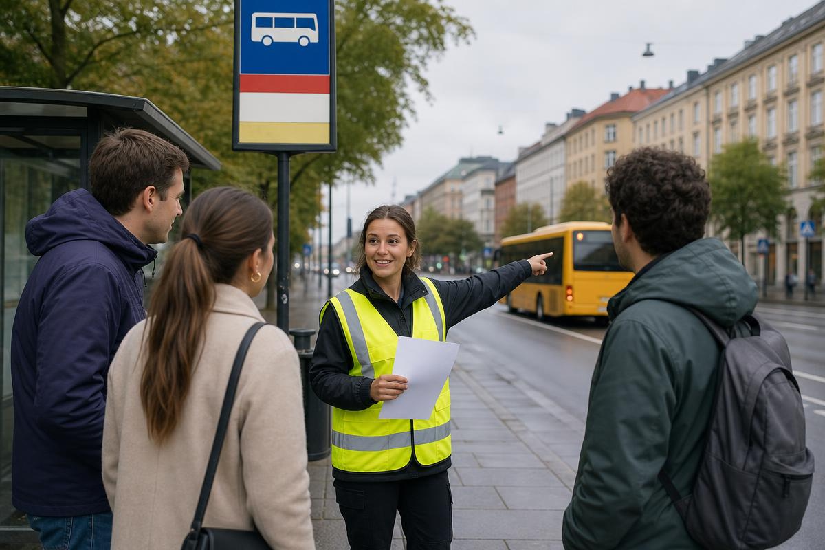 Trafikvärd i varselväst informerar och guidar resenärer vid en tillfälligt avstängd busshållplats